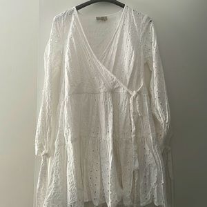 ASOS white wrap dress with designs all over the dress